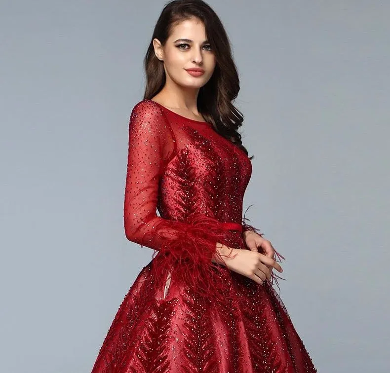 Luxury Wine Red  Dubai Design Evening Dresses Long Sleeves Feathers Crystal Formal Dress