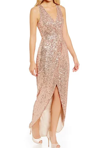 MACloth Straps V Neck Hi Lo Sequin Bridesmaid Dress Rose Gold Formal Gown