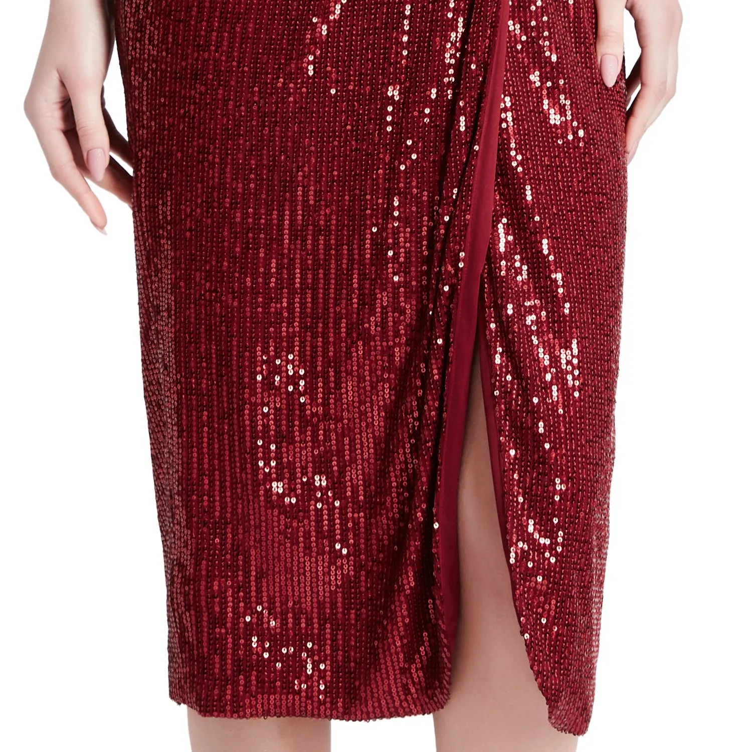 MACloth Women Long Sleeves V Neck Ruched Wrap Sequin Cocktail Dresses