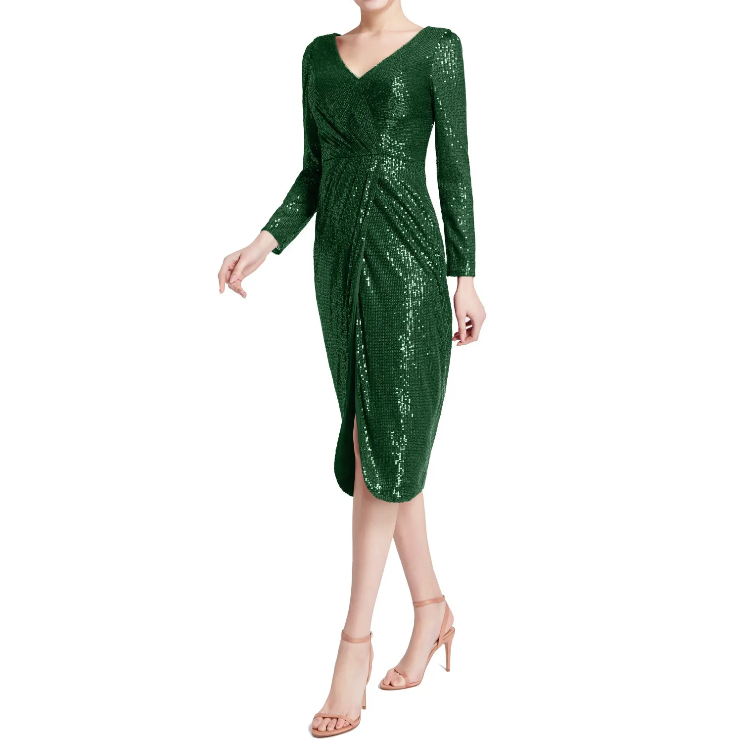 MACloth Women Long Sleeves V Neck Ruched Wrap Sequin Cocktail Dresses