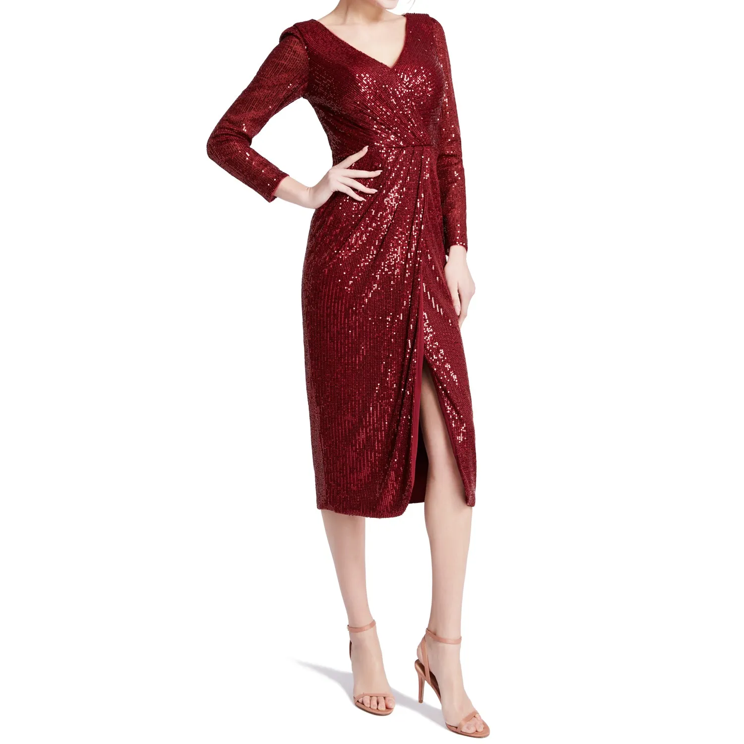 MACloth Women Long Sleeves V Neck Ruched Wrap Sequin Cocktail Dresses