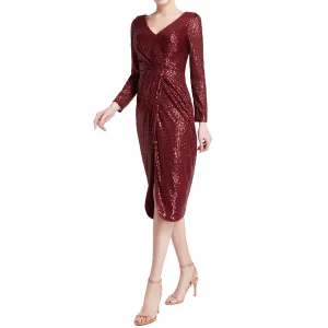 MACloth Women Long Sleeves V Neck Ruched Wrap Sequin Cocktail Dresses