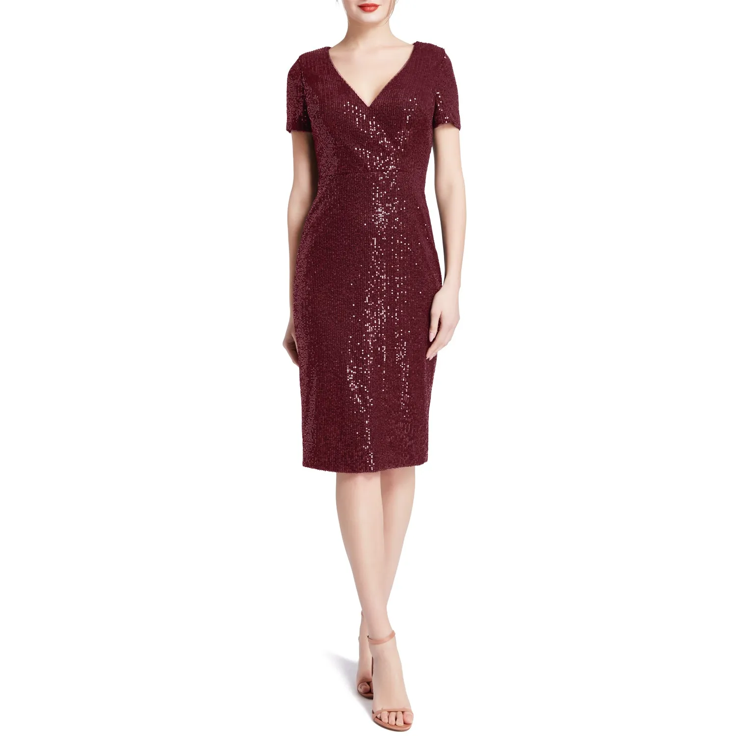 MACloth Women V Neck Short Sleeves Knee Length Sequin Casual Cocktail Dresses