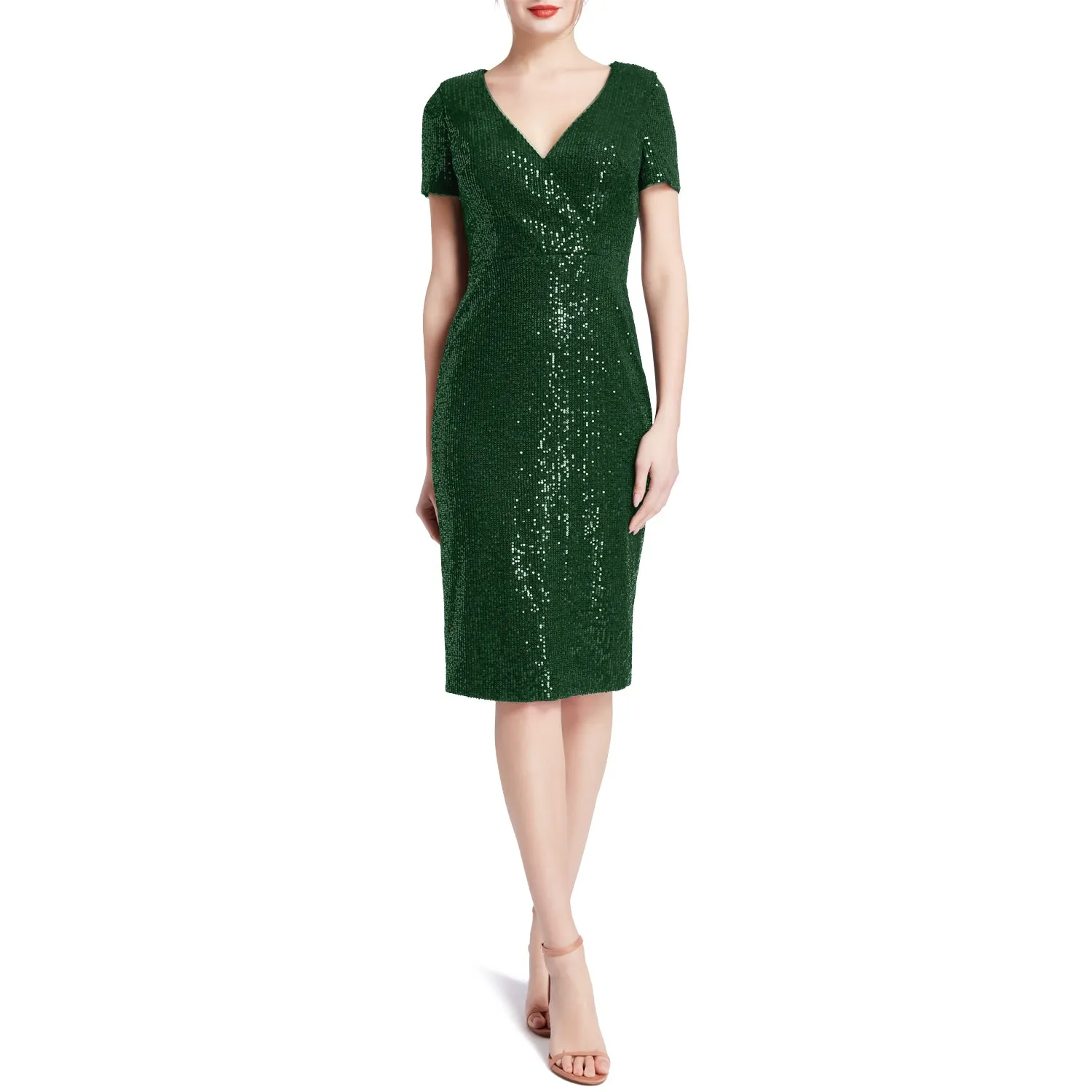 MACloth Women V Neck Short Sleeves Knee Length Sequin Casual Cocktail Dresses