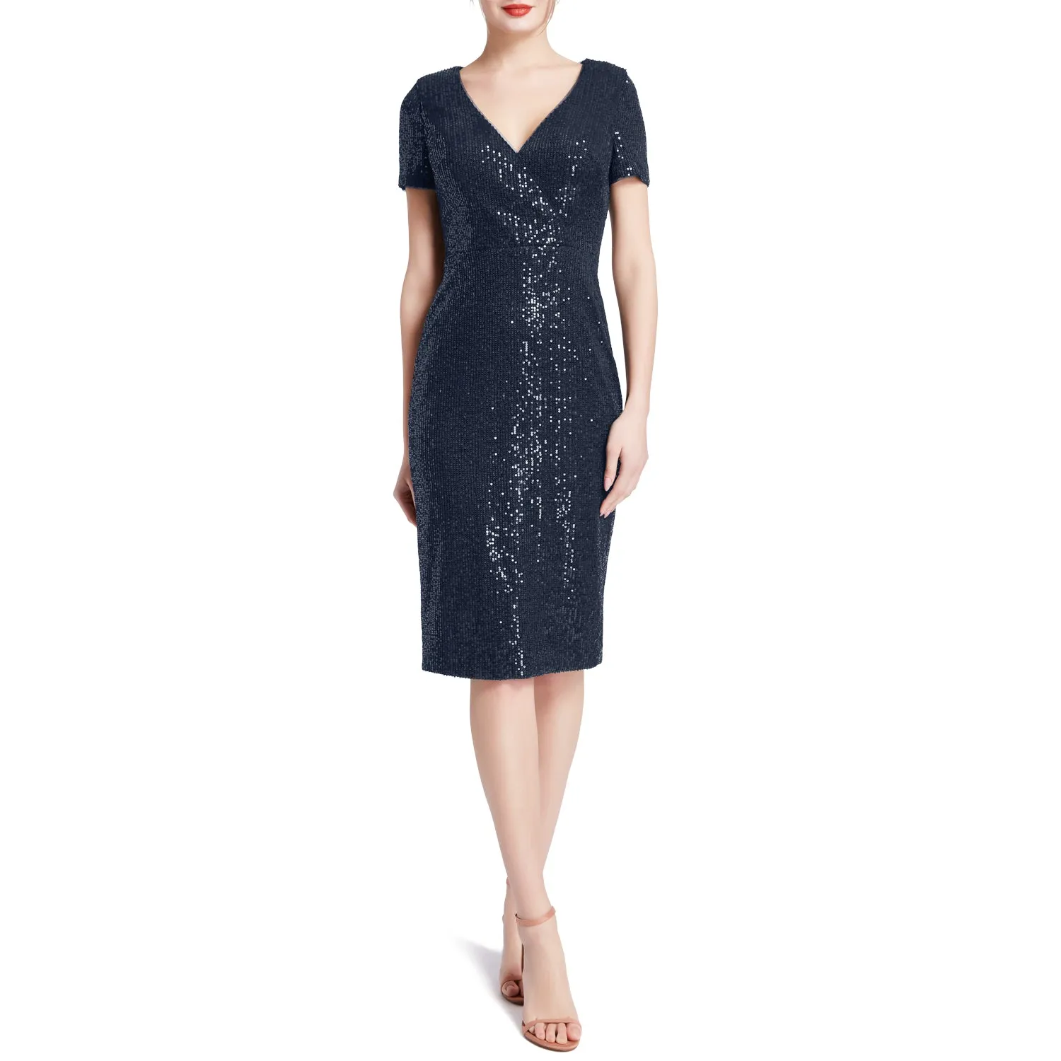 MACloth Women V Neck Short Sleeves Knee Length Sequin Casual Cocktail Dresses