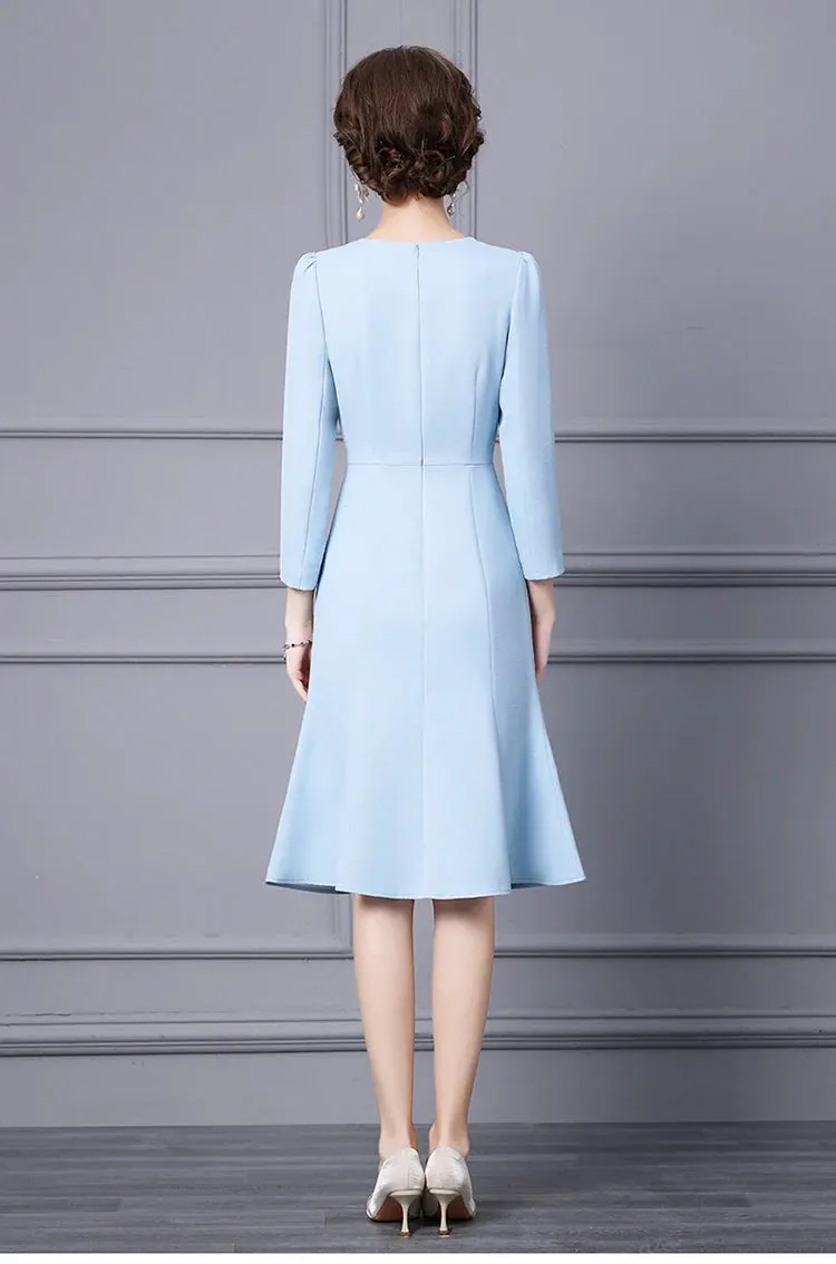 Margo O Neck Long Sleeve Beading Diamond High Waist Slit Slim Midi Dress