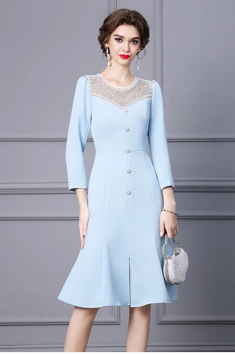 Margo O Neck Long Sleeve Beading Diamond High Waist Slit Slim Midi Dress