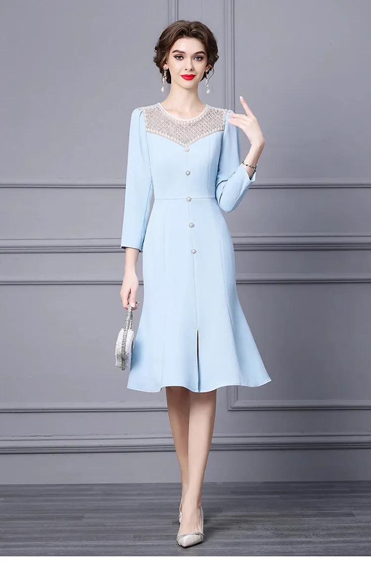 Margo O Neck Long Sleeve Beading Diamond High Waist Slit Slim Midi Dress