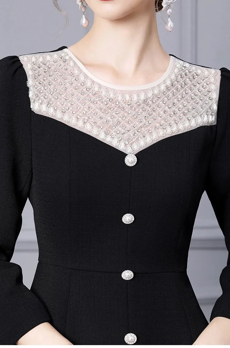 Margo O Neck Long Sleeve Beading Diamond High Waist Slit Slim Midi Dress