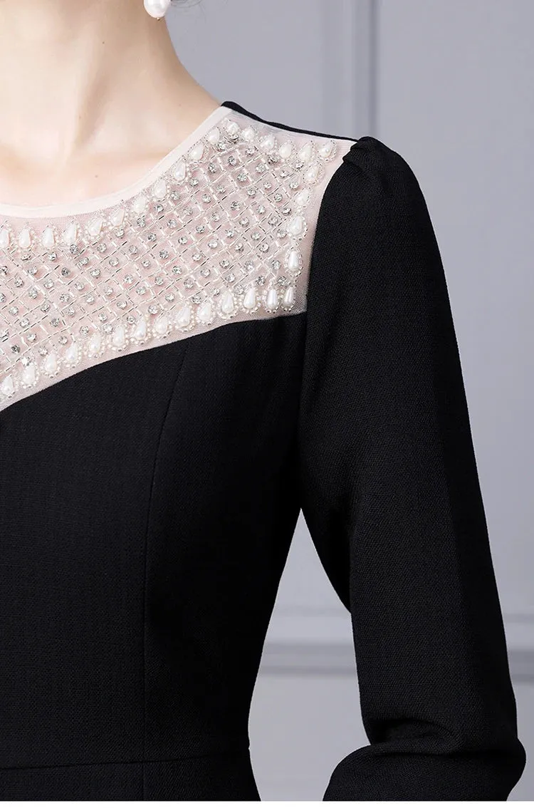 Margo O Neck Long Sleeve Beading Diamond High Waist Slit Slim Midi Dress