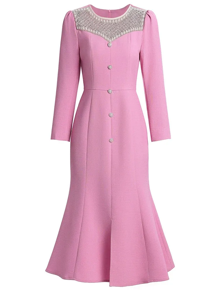 Margo O Neck Long Sleeve Beading Diamond High Waist Slit Slim Midi Dress