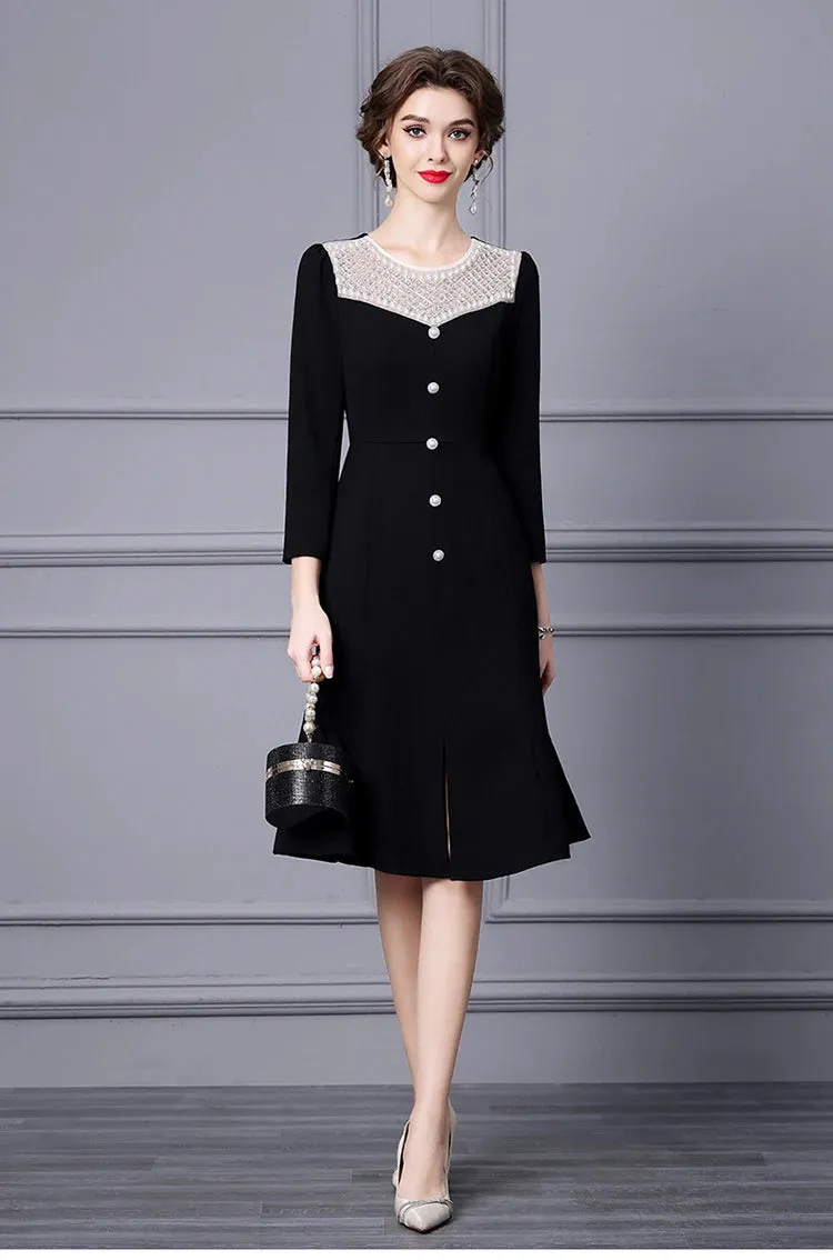 Margo O Neck Long Sleeve Beading Diamond High Waist Slit Slim Midi Dress