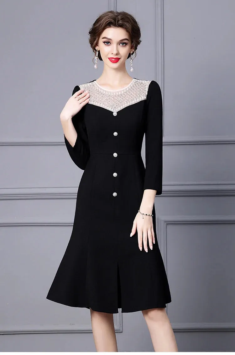 Margo O Neck Long Sleeve Beading Diamond High Waist Slit Slim Midi Dress