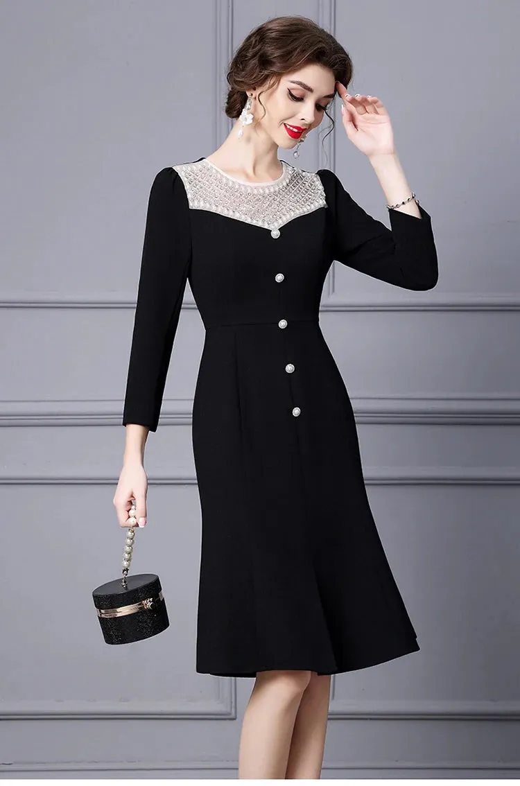 Margo O Neck Long Sleeve Beading Diamond High Waist Slit Slim Midi Dress