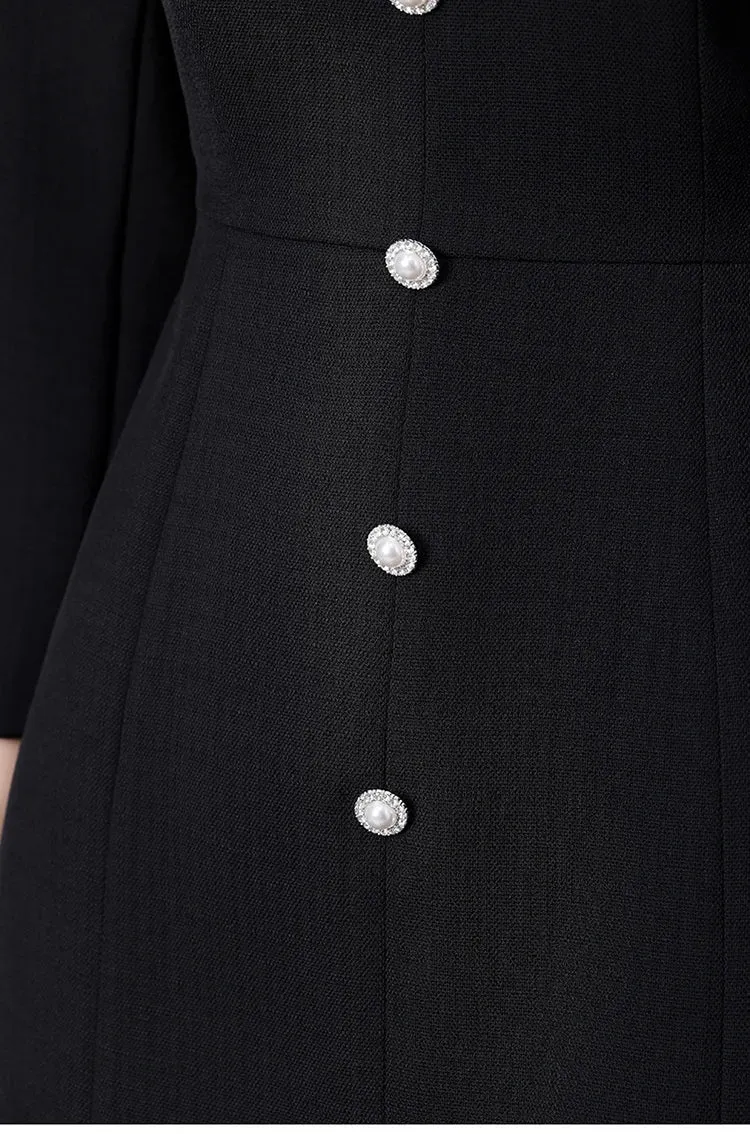Margo O Neck Long Sleeve Beading Diamond High Waist Slit Slim Midi Dress