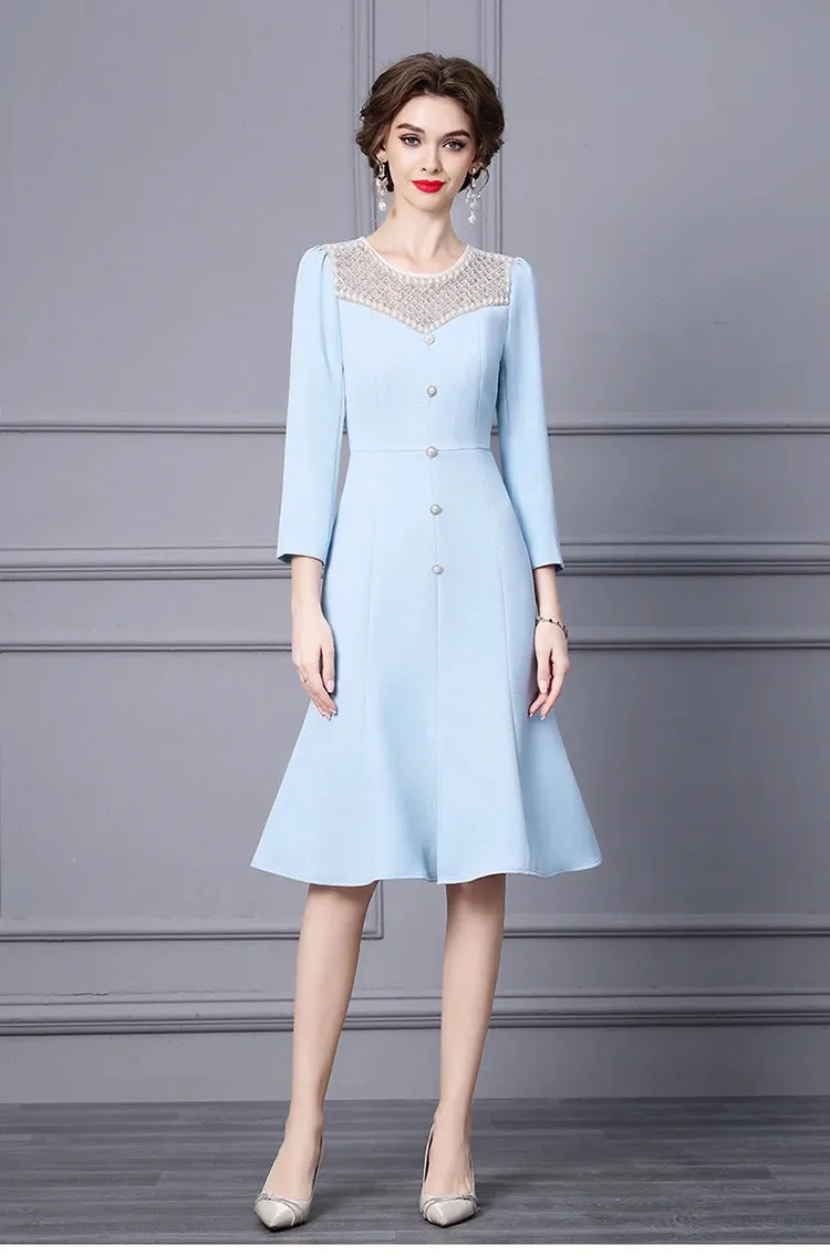 Margo O Neck Long Sleeve Beading Diamond High Waist Slit Slim Midi Dress