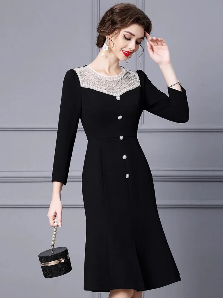 Margo O Neck Long Sleeve Beading Diamond High Waist Slit Slim Midi Dress