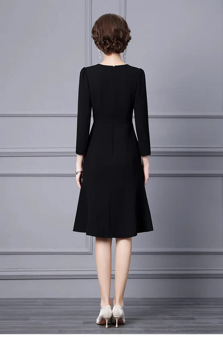 Margo O Neck Long Sleeve Beading Diamond High Waist Slit Slim Midi Dress