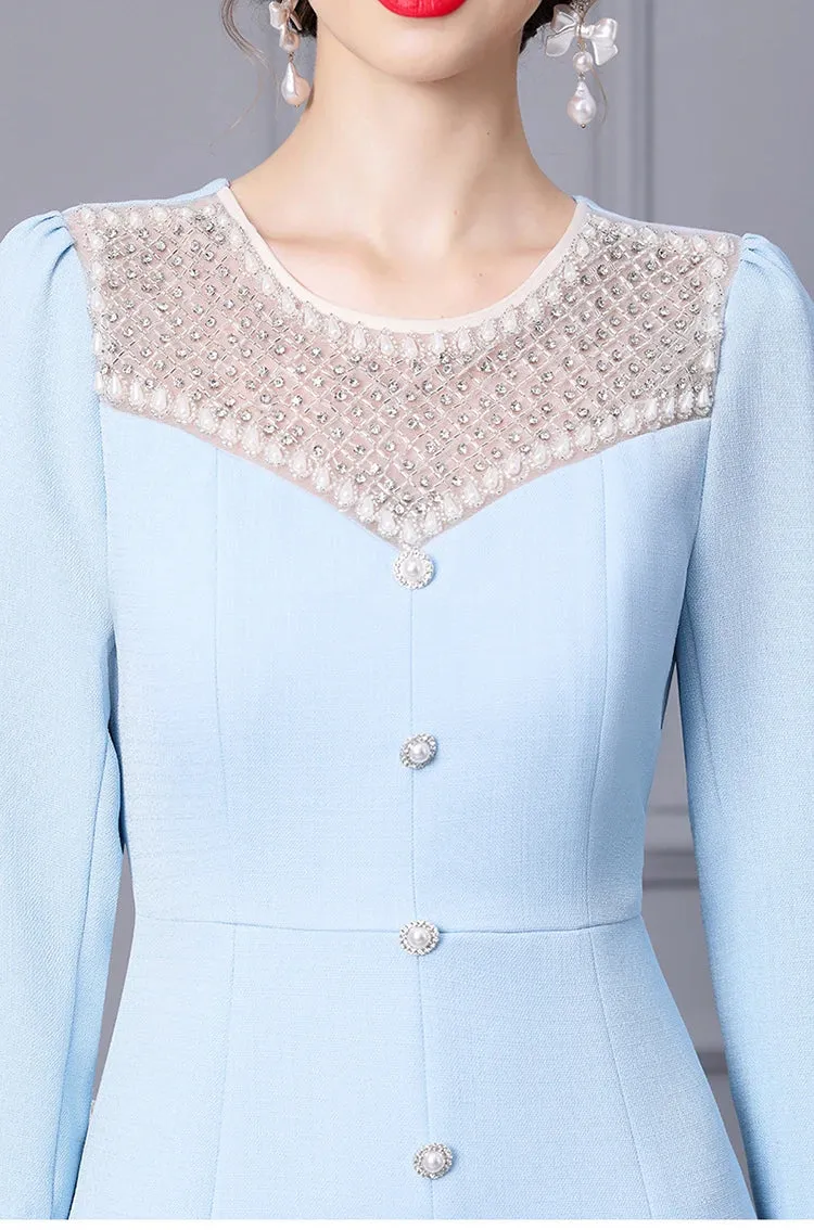 Margo O Neck Long Sleeve Beading Diamond High Waist Slit Slim Midi Dress