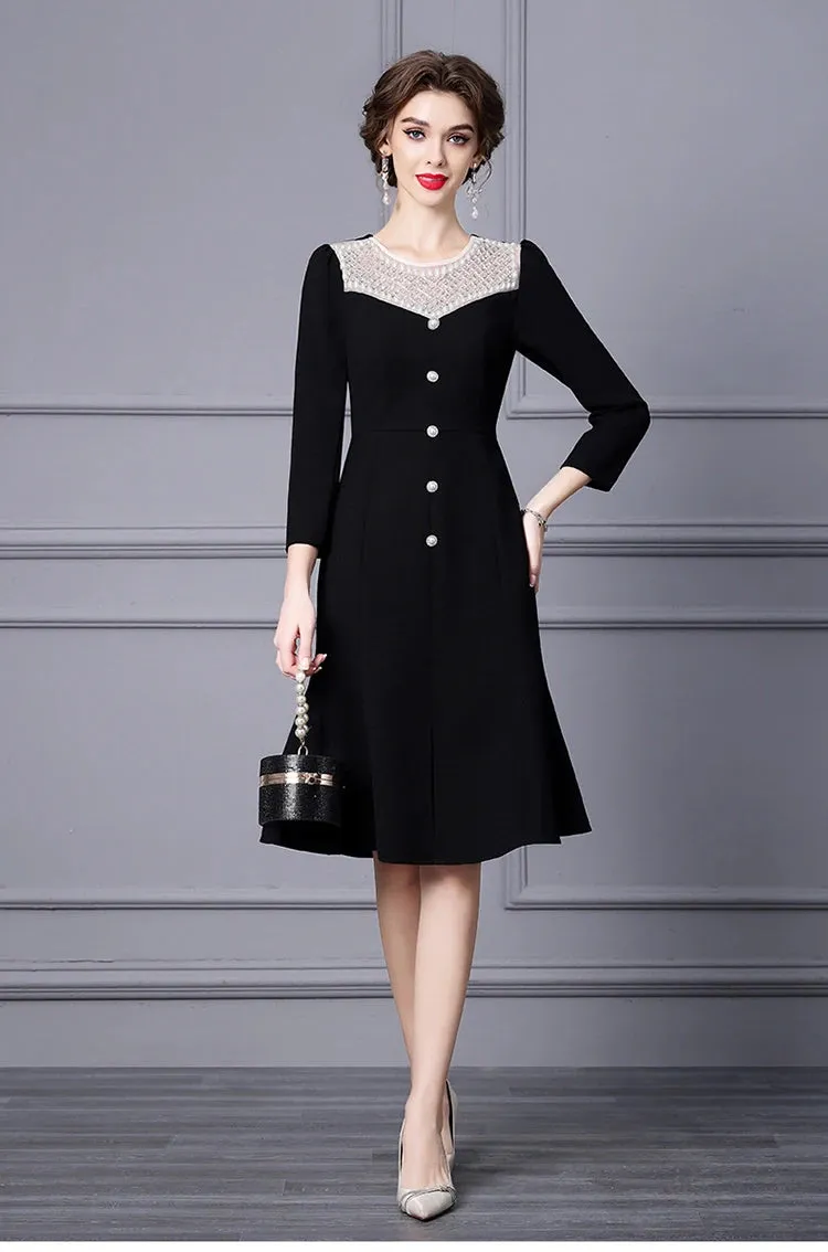 Margo O Neck Long Sleeve Beading Diamond High Waist Slit Slim Midi Dress