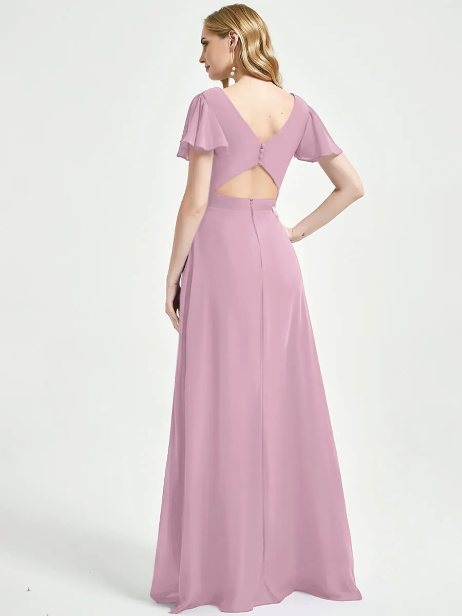 Mauve Ruffle Sleeves V-Neck A-Line Chiffon Empire Bridesmaid Dresses