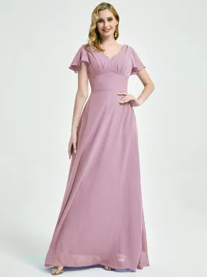 Mauve Ruffle Sleeves V-Neck A-Line Chiffon Empire Bridesmaid Dresses
