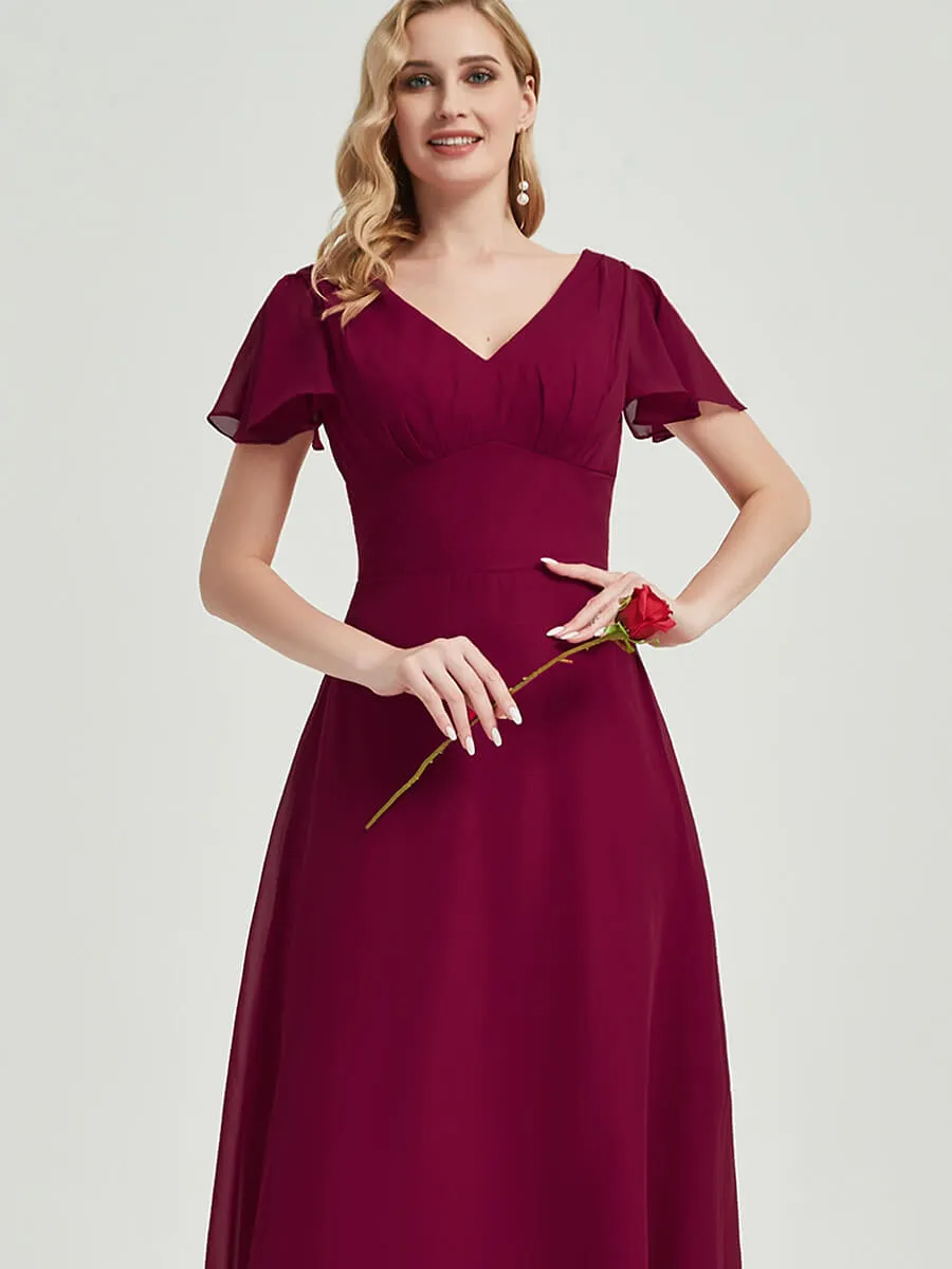 Mauve Ruffle Sleeves V-Neck A-Line Chiffon Empire Bridesmaid Dresses