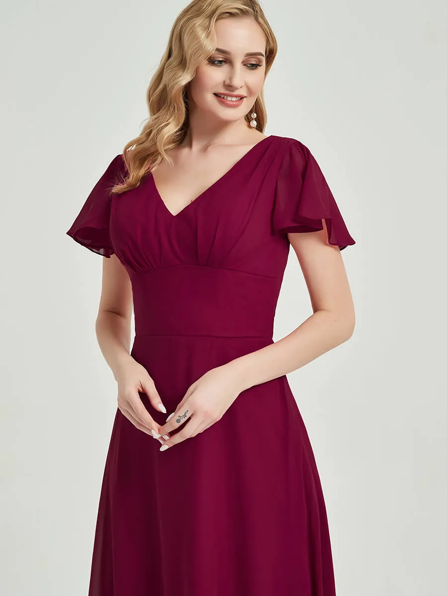 Mauve Ruffle Sleeves V-Neck A-Line Chiffon Empire Bridesmaid Dresses