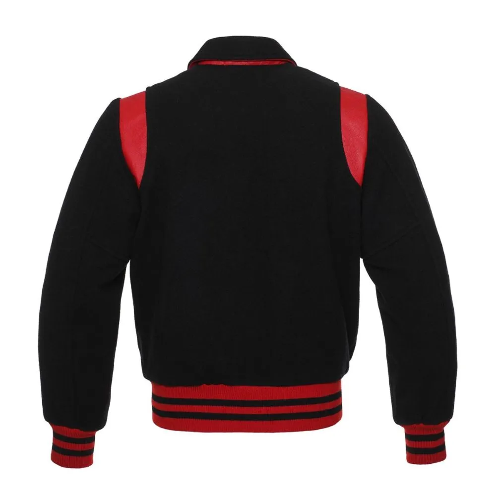 Men Black Red Leather Sleeves Varsity Jacket