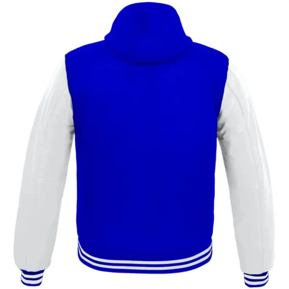 Men Blue and White Varsity Jacket with Hooded