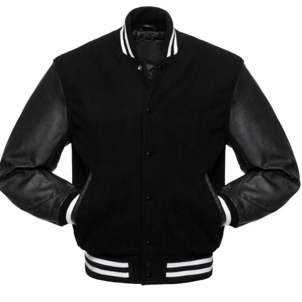 Men Classic Black Varsity Jacket with Leather Sleeves