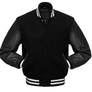Men Classic Black Varsity Jacket with Leather Sleeves