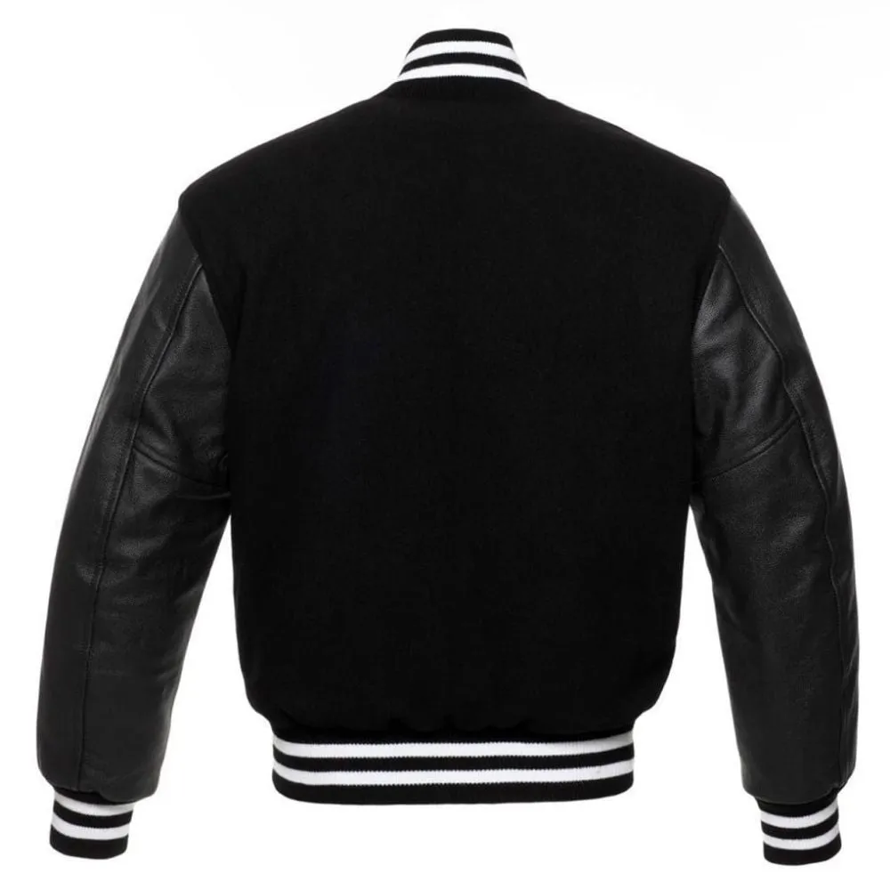 Men Classic Black Varsity Jacket with Leather Sleeves