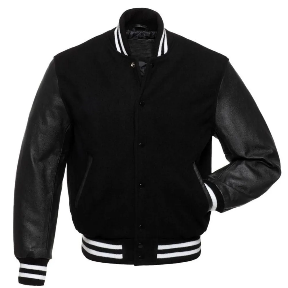 Men Classic Black Varsity Jacket with Leather Sleeves