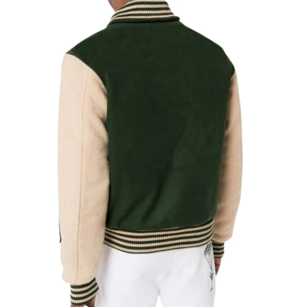 Men Green Beige Leather Sleeves Varsity Jacket