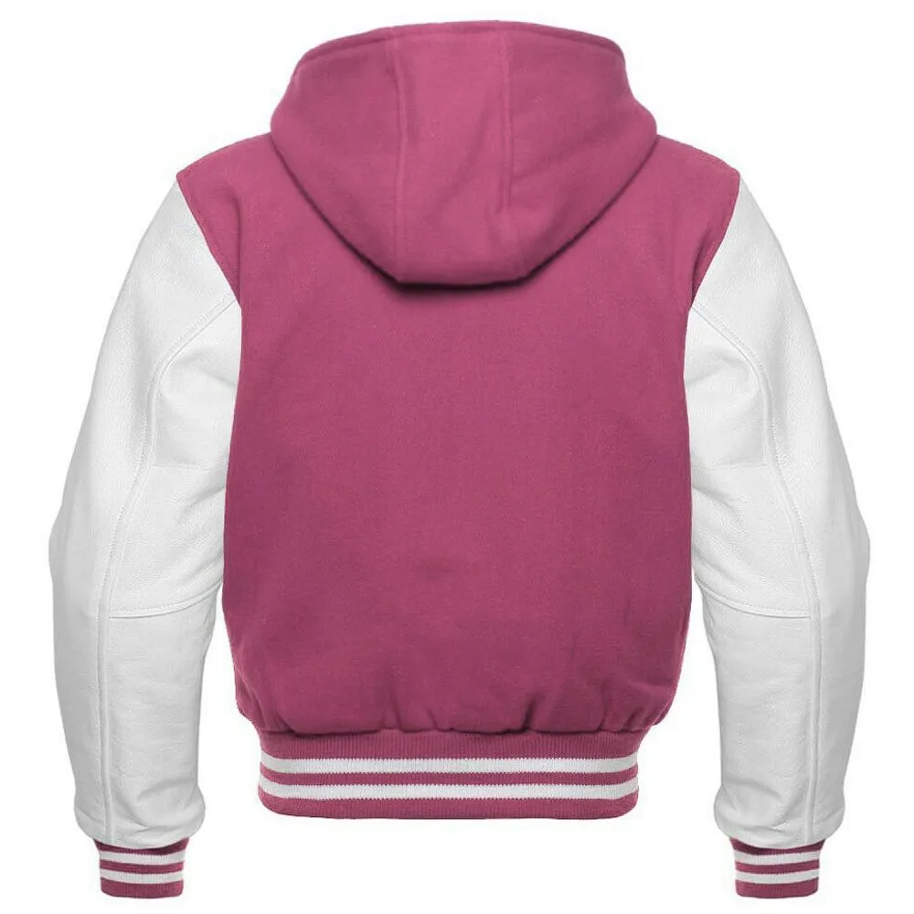 Men's Pink and White Hooded Varsity Jacket