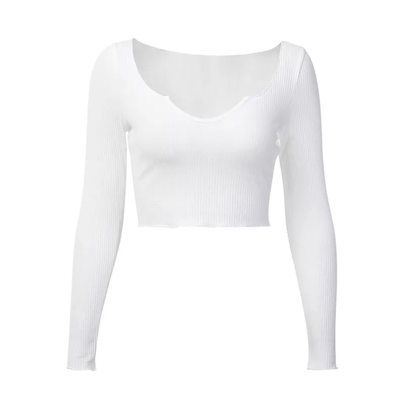 Micro-disclosure Navel Long-sleeved Shirt Sexy U-neck T-shirt