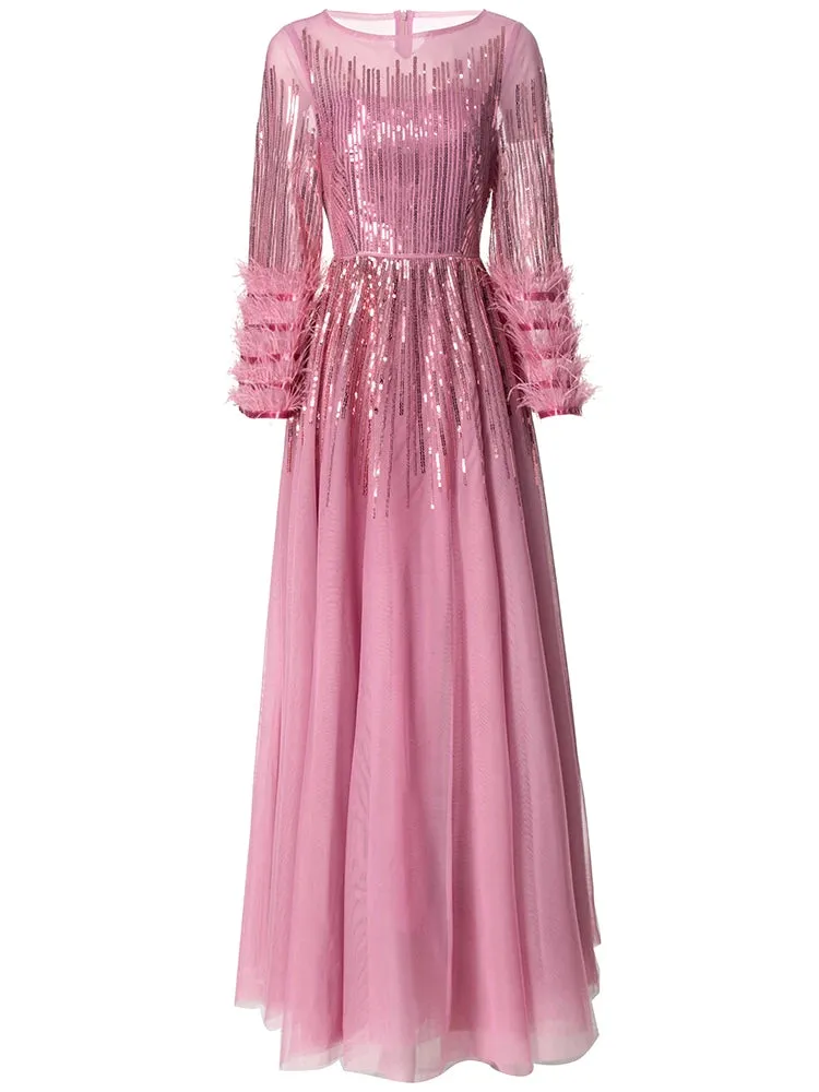 Milan Feathers 3/4 Sleeves Elegant Maxi Dress