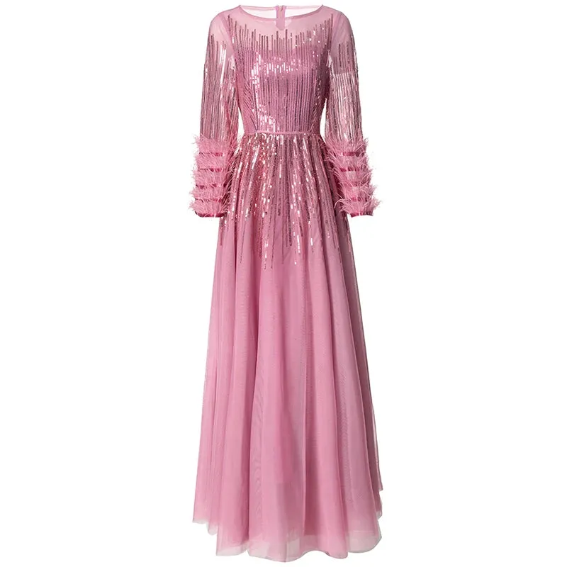Milan Feathers 3/4 Sleeves Elegant Maxi Dress