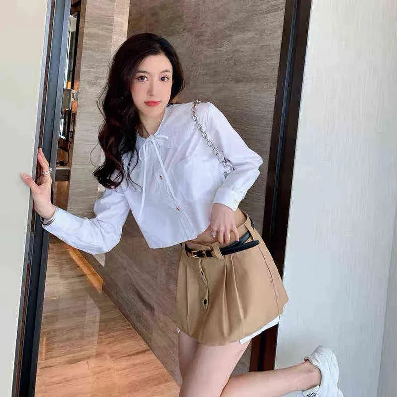 Miu white shirt embroidered doll collar long sleeve short shirt versatile girl top  early spring