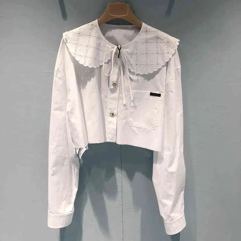 Miu white shirt embroidered doll collar long sleeve short shirt versatile girl top  early spring