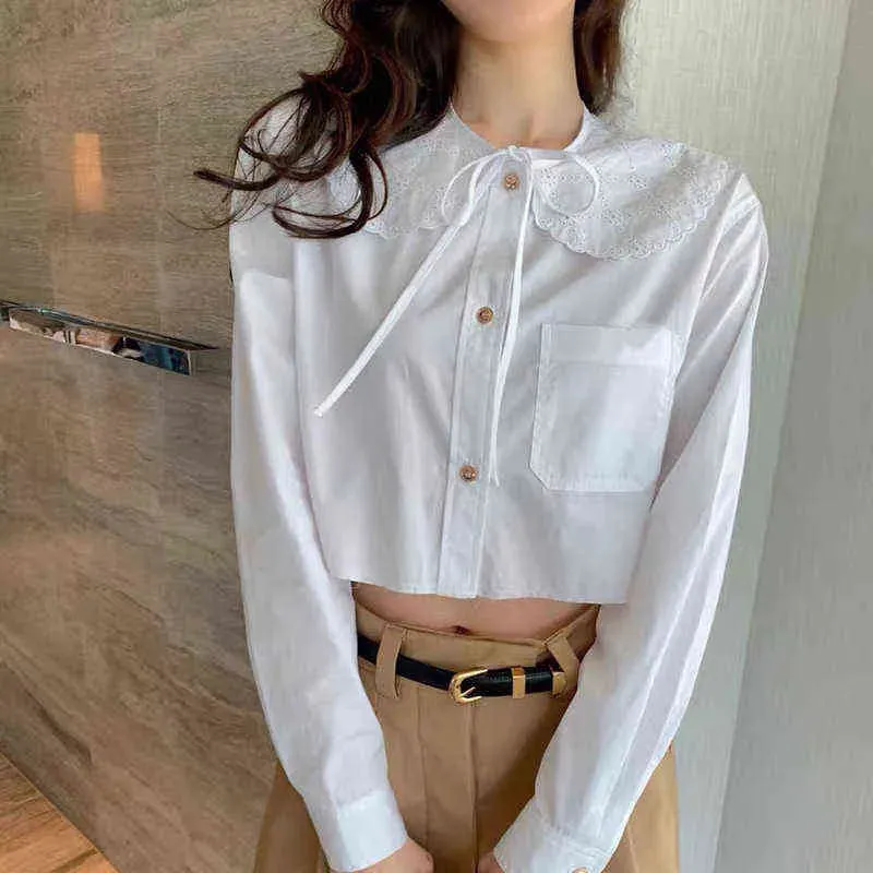 Miu white shirt embroidered doll collar long sleeve short shirt versatile girl top  early spring