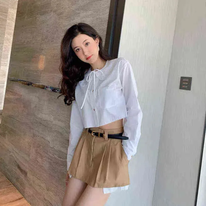 Miu white shirt embroidered doll collar long sleeve short shirt versatile girl top  early spring