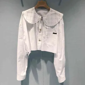 Miu white shirt embroidered doll collar long sleeve short shirt versatile girl top  early spring