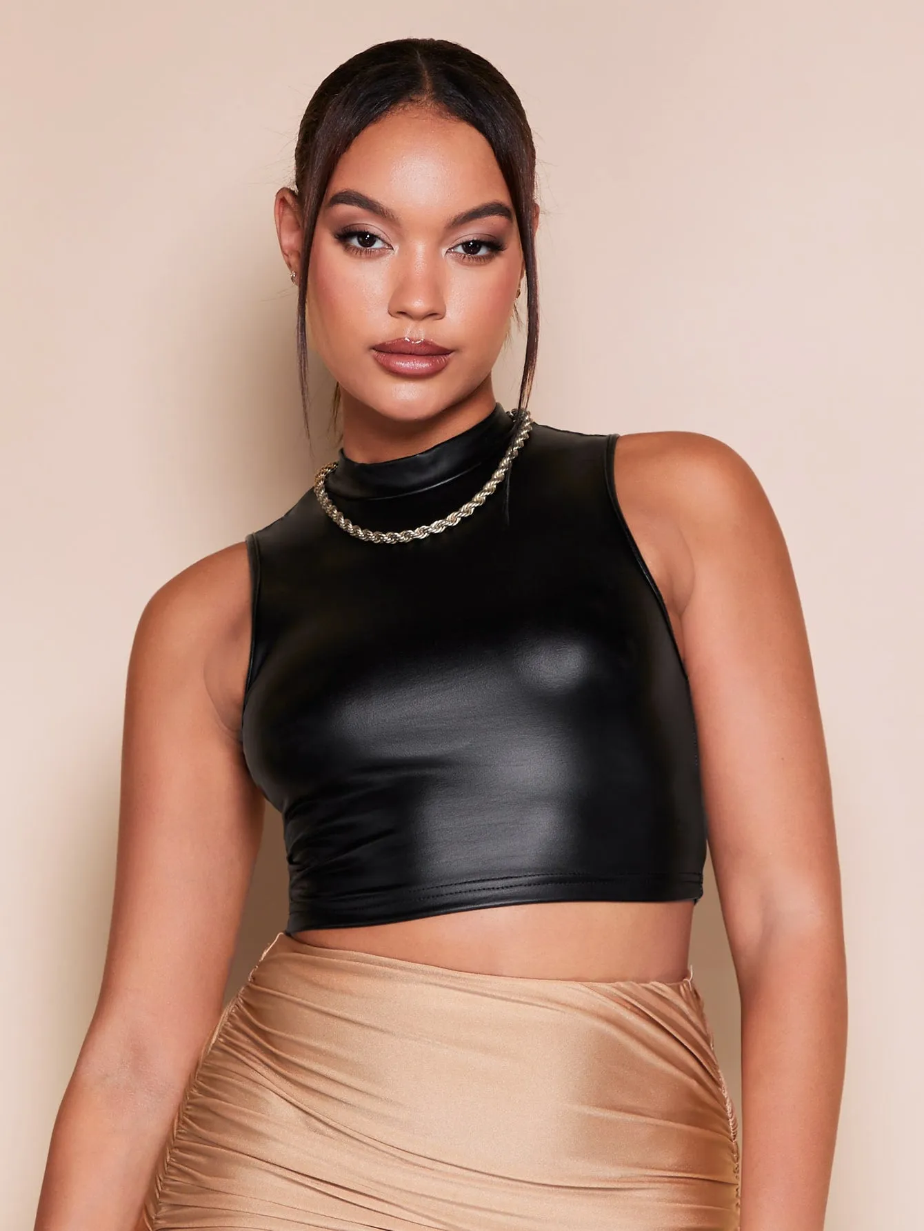 Mock Neck PU Leather Crop Tank Top