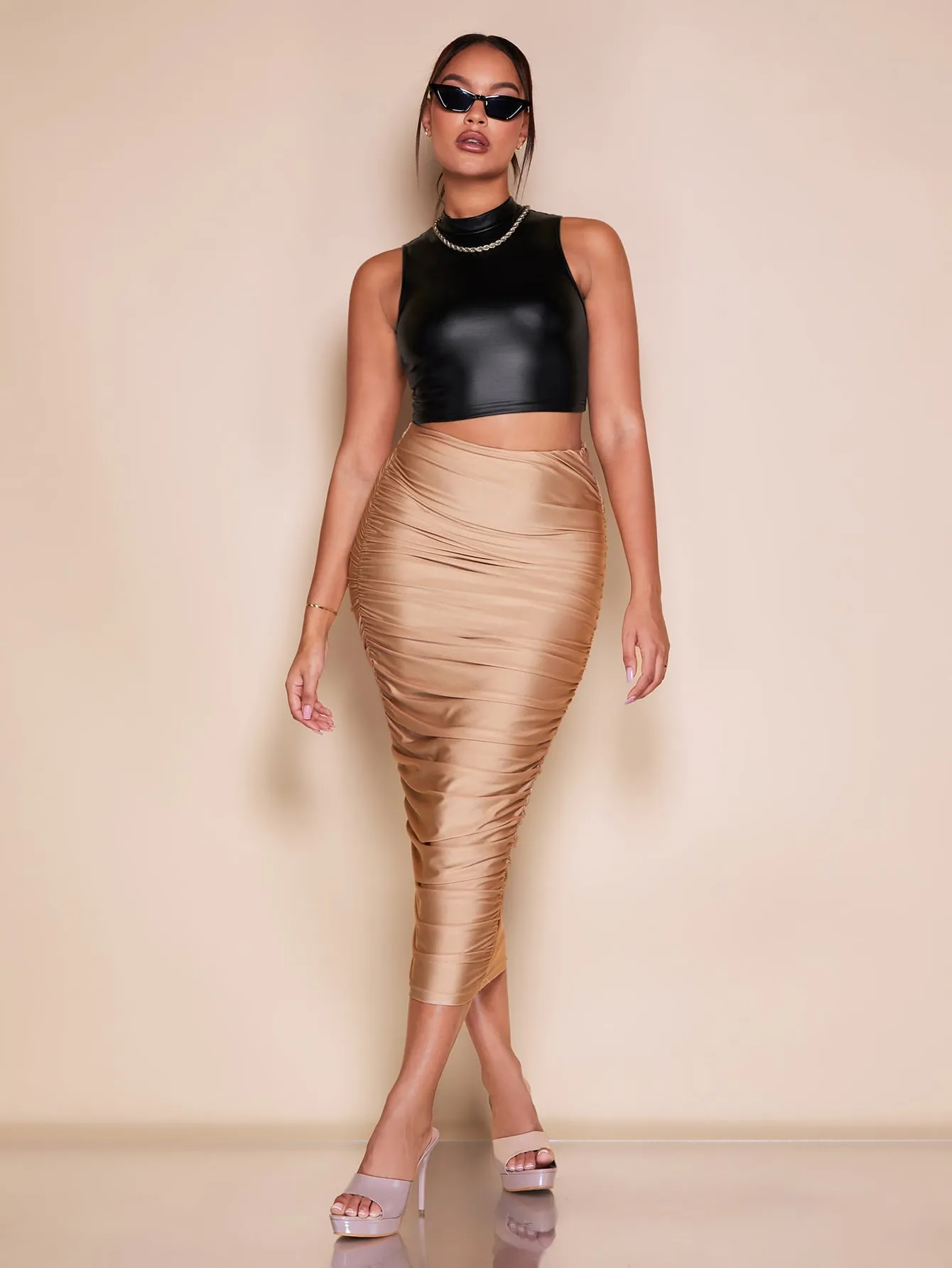 Mock Neck PU Leather Crop Tank Top