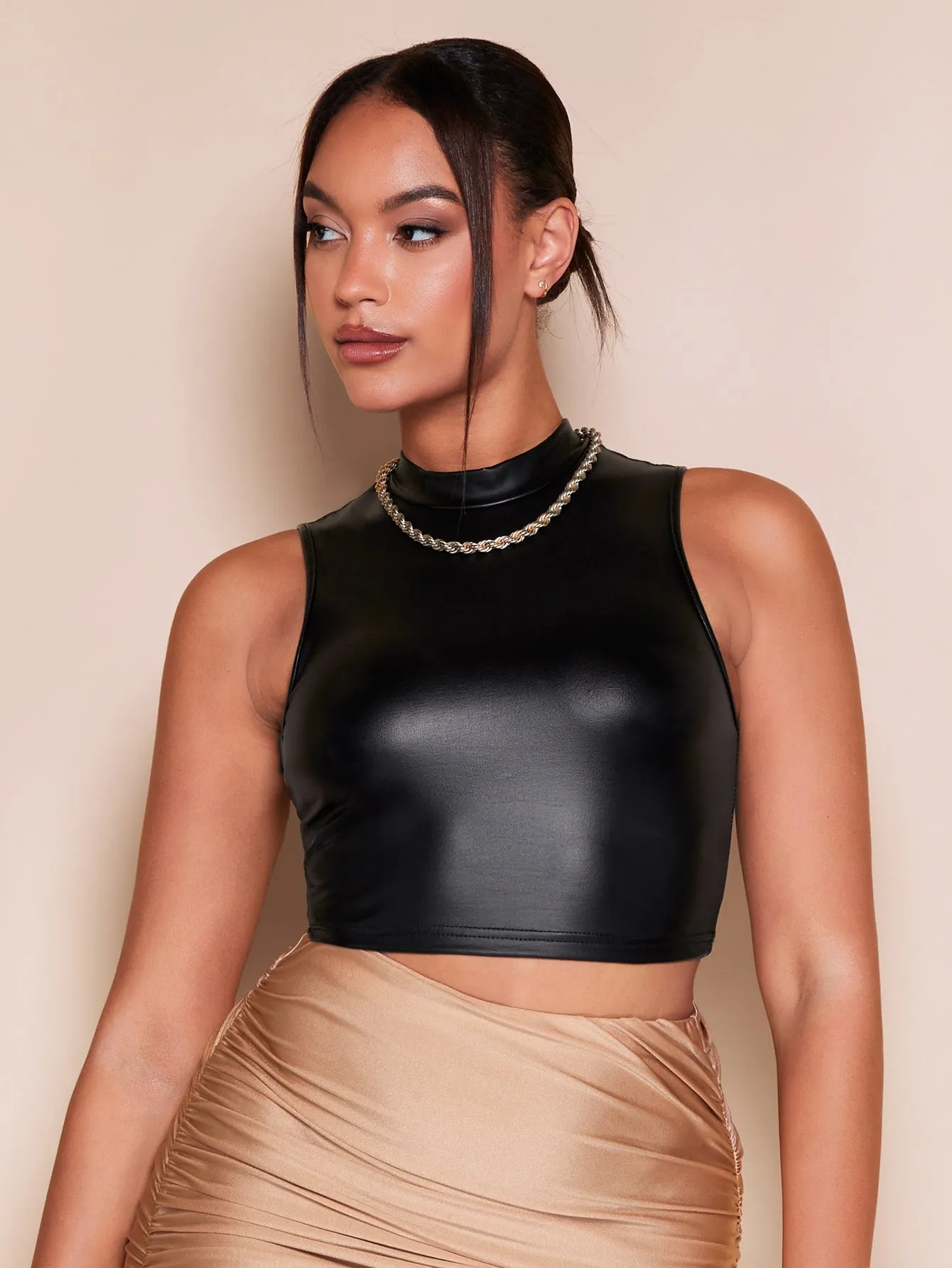 Mock Neck PU Leather Crop Tank Top