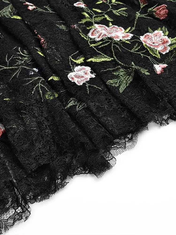 Molly Sequins Lace Dress Women O-Neck Lantern Sleeve Floral Embroidery Black Vintage Dress