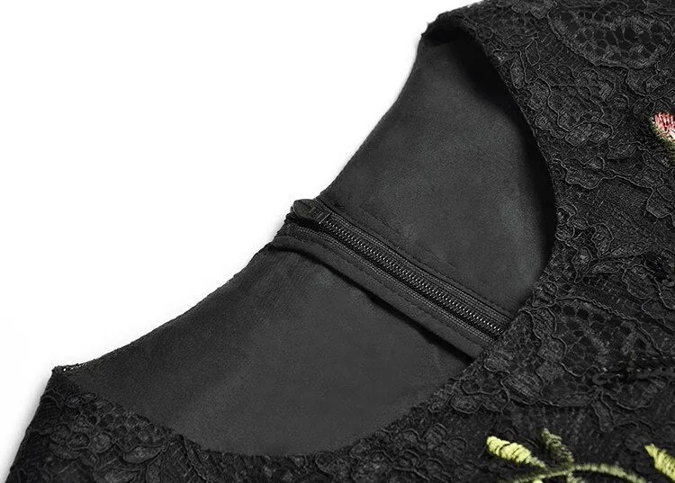 Molly Sequins Lace Dress Women O-Neck Lantern Sleeve Floral Embroidery Black Vintage Dress