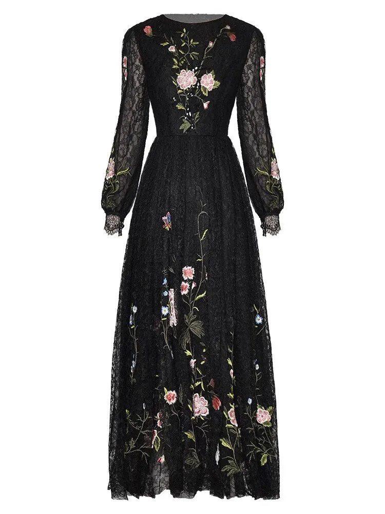 Molly Sequins Lace Dress Women O-Neck Lantern Sleeve Floral Embroidery Black Vintage Dress